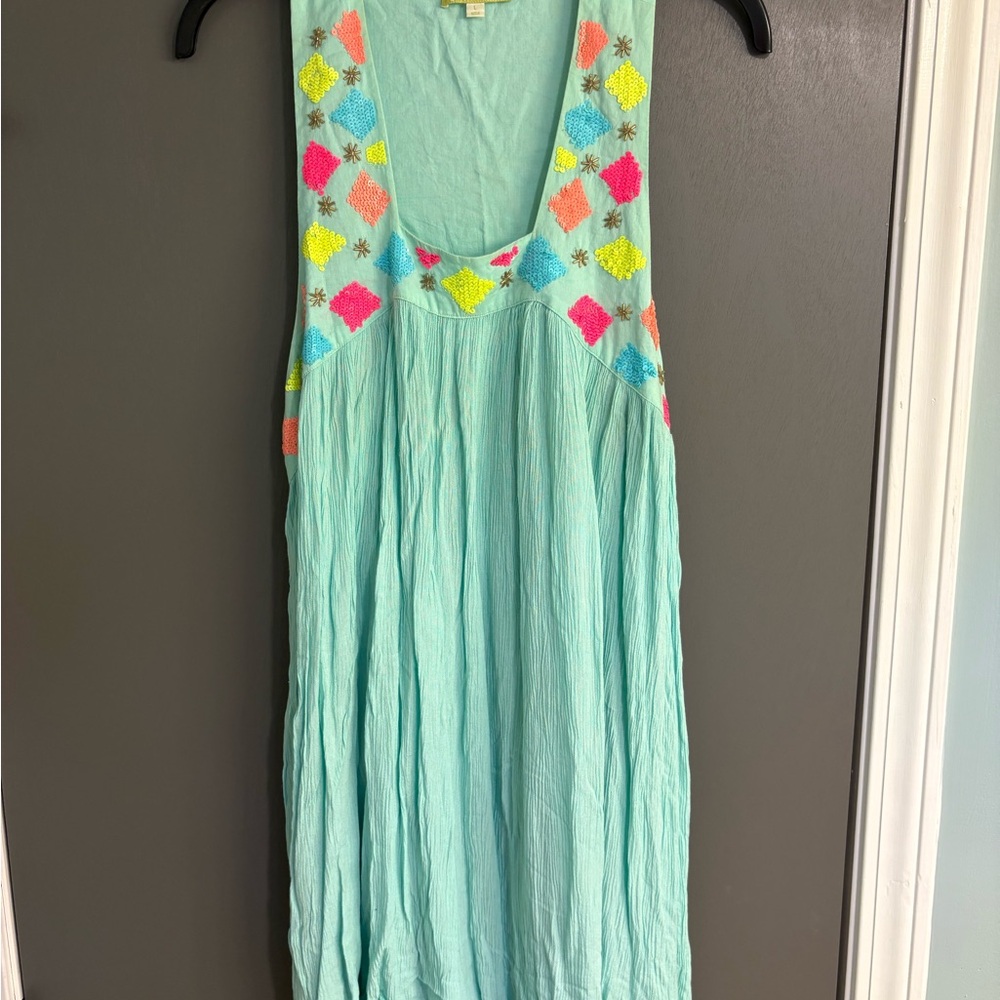 Gianni Bini Aqua Sleeveless Dress/Coverup  with Colorful Embroidery